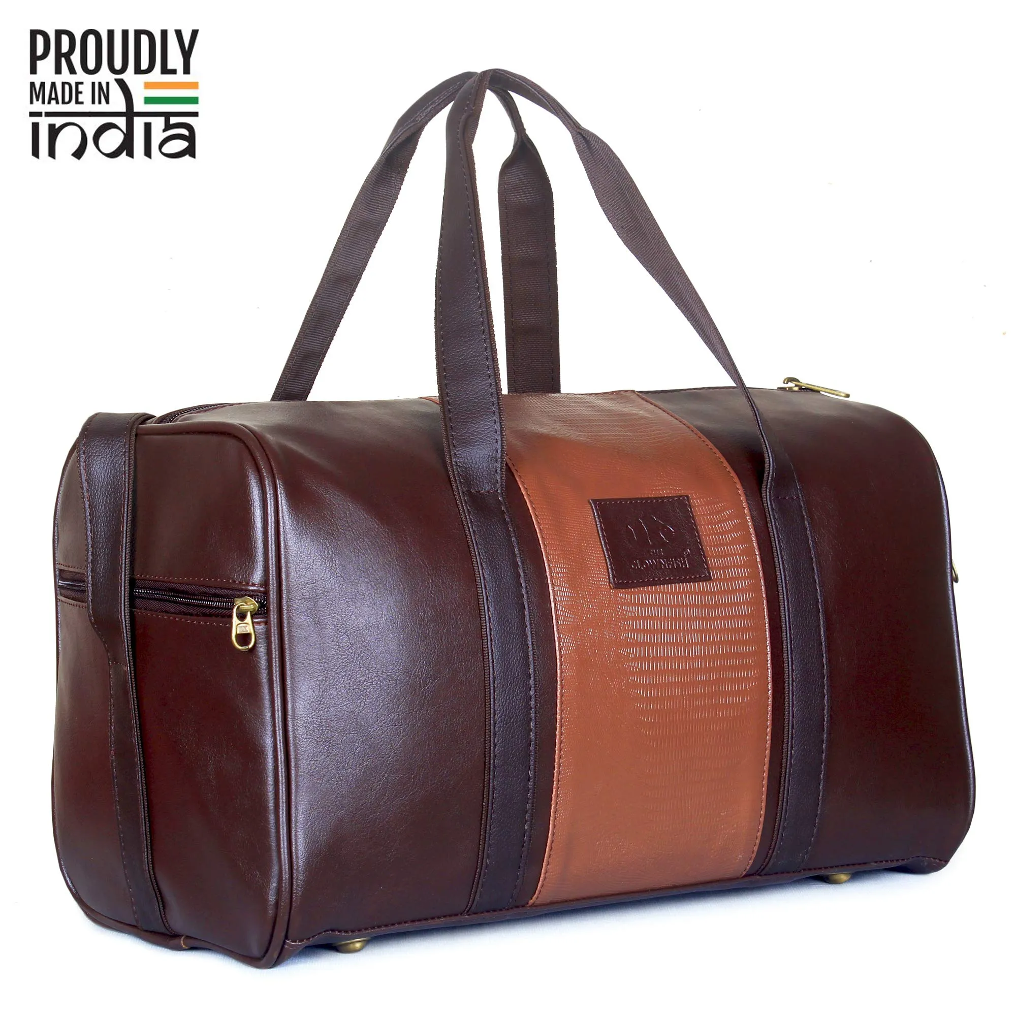 The Clownfish Hilary 27 litres Faux Leather Unisex Gym Bag Travel Duffle Weekender Bag with Shoe Pocket (Dark Brown)