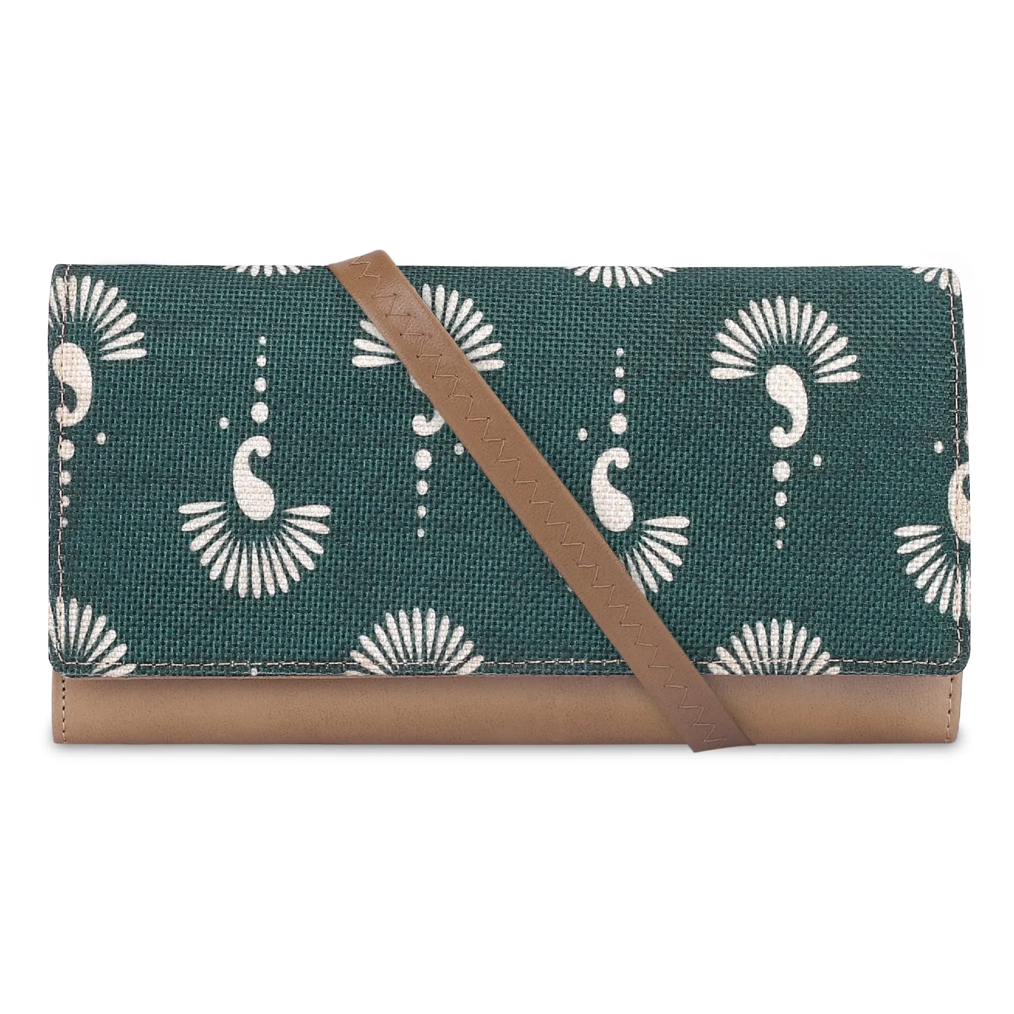 THE CLOWNFISH Jolene Printed Handicraft Fabric & Vegan Leather Ladies Wallet Purse Sling Bag with Multiple Card Slots & Shoulder Belt (Bottle Green)