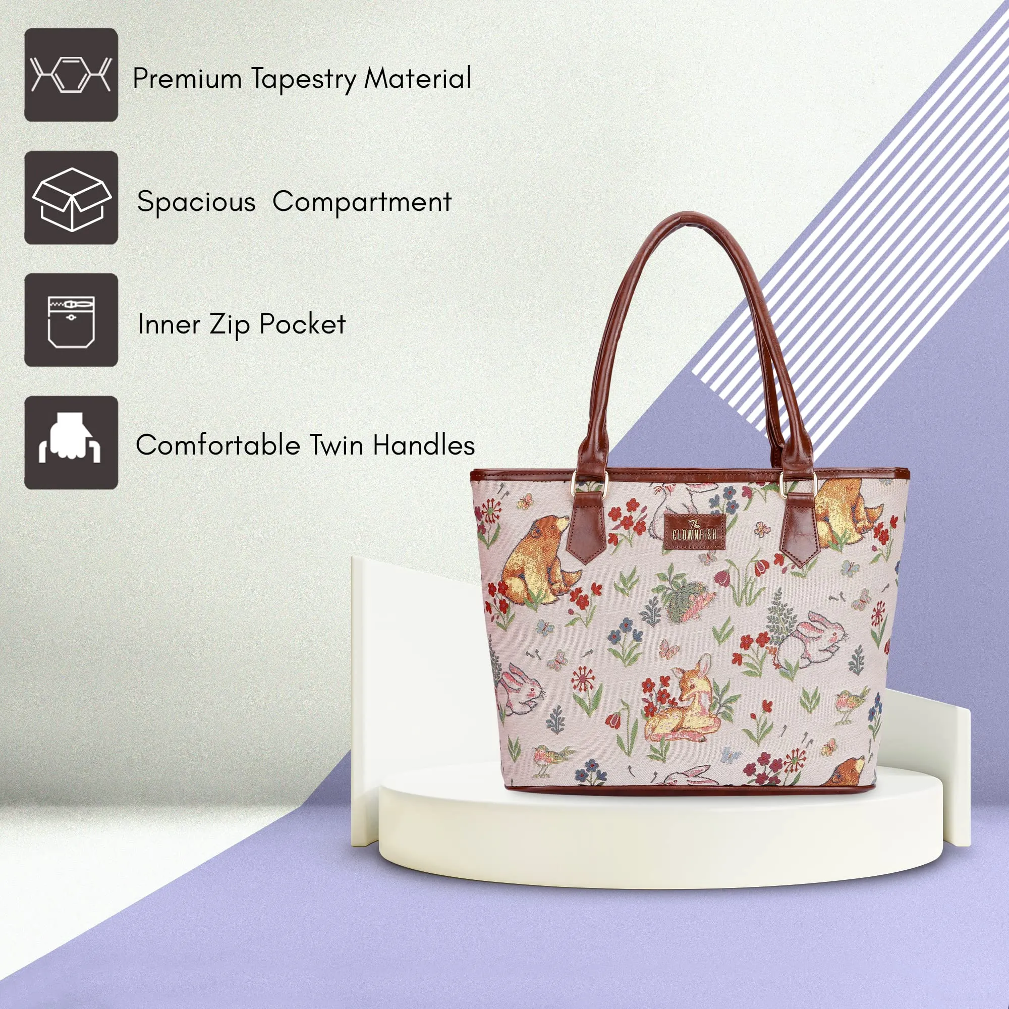 THE CLOWNFISH Justina Tapestry Fabric & Faux Leather Handbag for Women Office Bag Ladies Shoulder Bag Tote For Women College Girls (White-Animal Print)