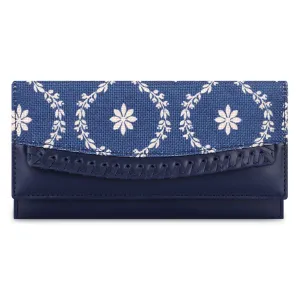 THE CLOWNFISH Ladyluxe Collection Printed Handicraft Fabric & Faux Leather Womens Wallet Clutch Ladies Purse with Snap Flap Closure & Multiple Card Slots (Royal Blue)