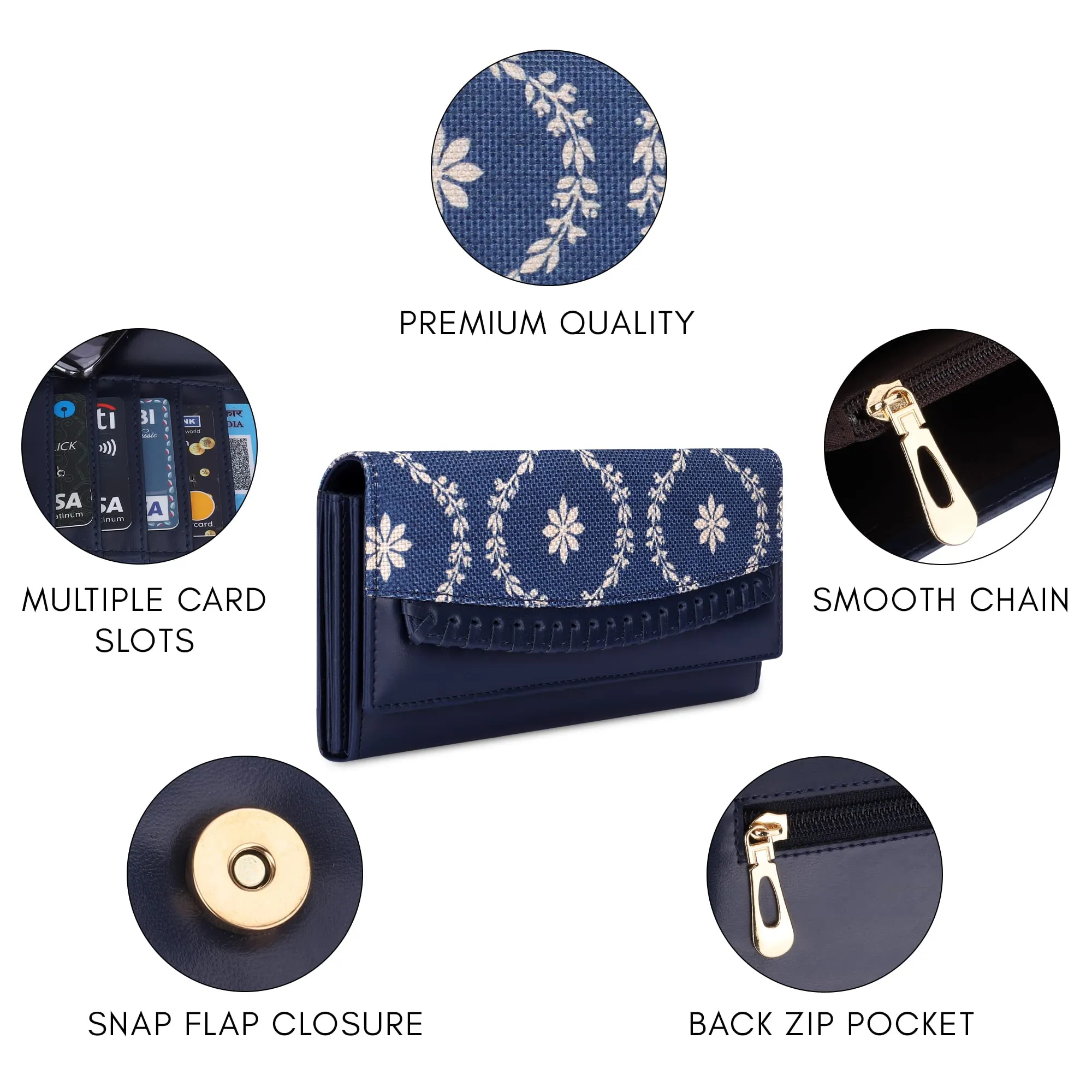 THE CLOWNFISH Ladyluxe Collection Printed Handicraft Fabric & Faux Leather Womens Wallet Clutch Ladies Purse with Snap Flap Closure & Multiple Card Slots (Royal Blue)