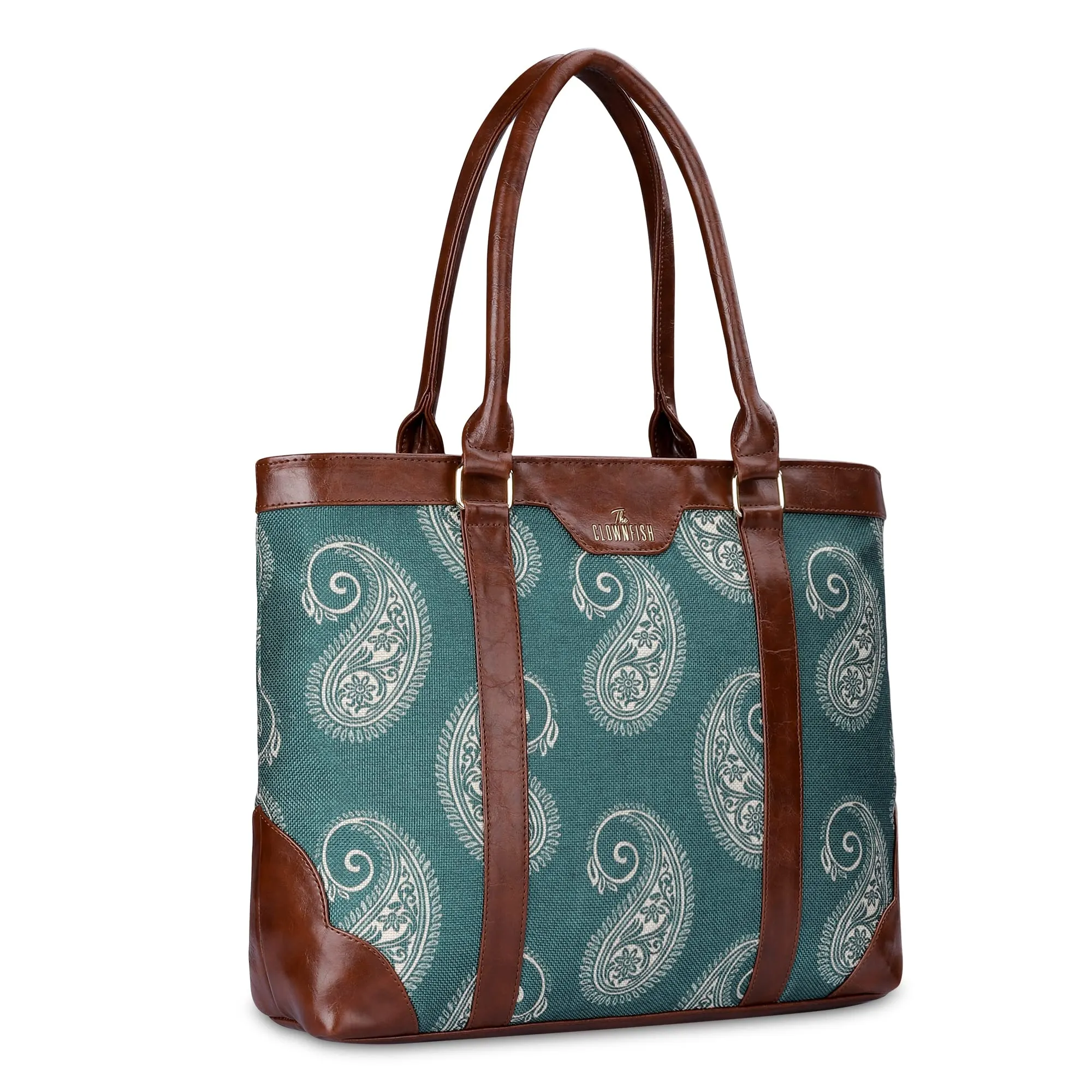 THE CLOWNFISH Miranda Series 15.6 inch Laptop Bag For Women Printed Handicraft Fabric & Faux Leather Office Bag Briefcase Hand Messenger bag Tote Shoulder Bag (Fern Green)