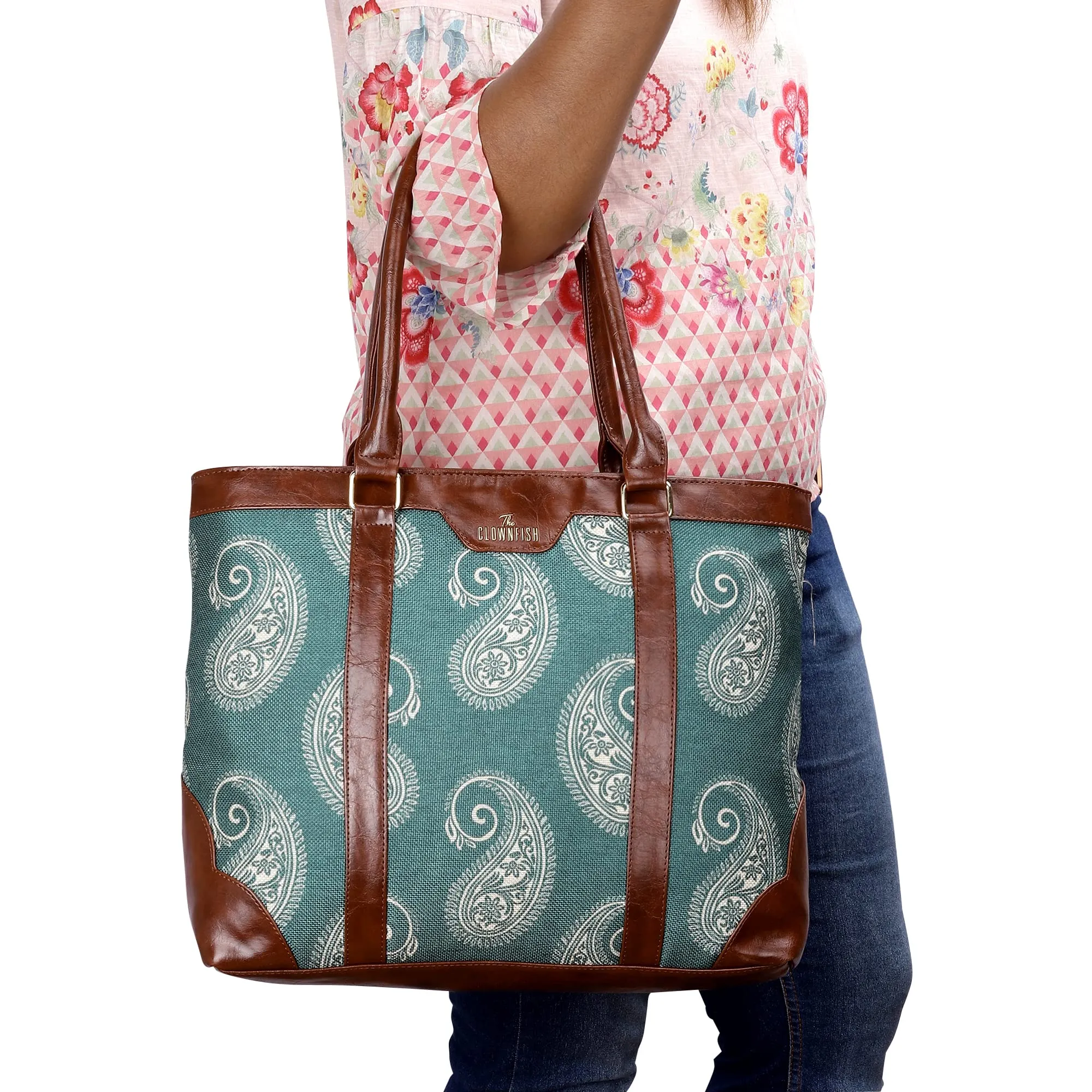 THE CLOWNFISH Miranda Series 15.6 inch Laptop Bag For Women Printed Handicraft Fabric & Faux Leather Office Bag Briefcase Hand Messenger bag Tote Shoulder Bag (Fern Green)