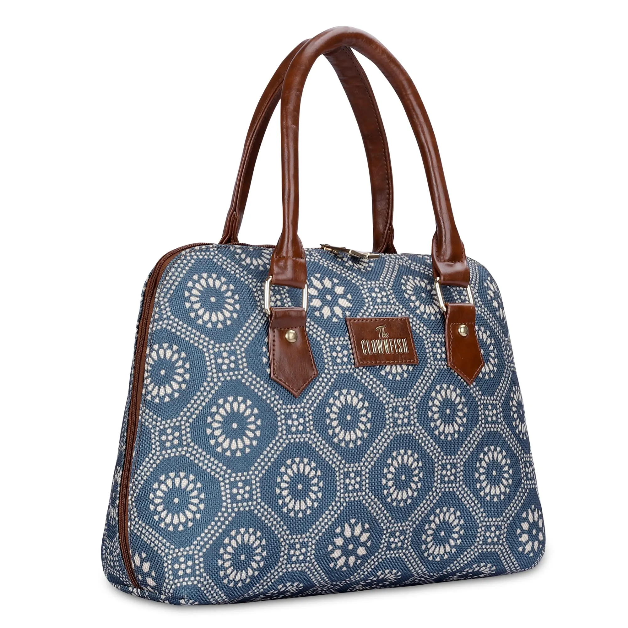 THE CLOWNFISH Montana Series Printed Handicraft Fabric & Faux leather Handbag for Women Office Bag Ladies Purse Shoulder Bag Tote For Women College Girls (Cerulean Blue)