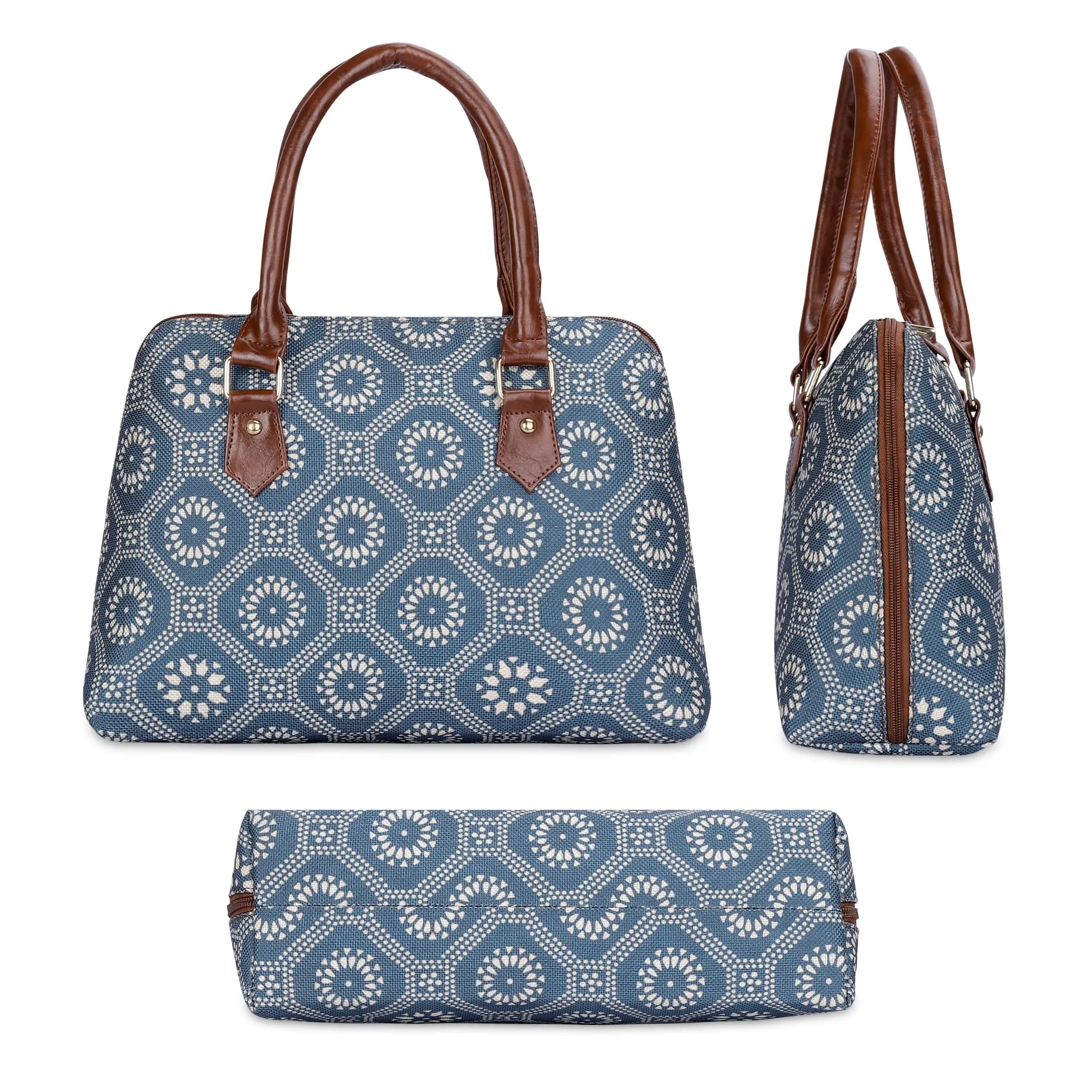 THE CLOWNFISH Montana Series Printed Handicraft Fabric & Faux leather Handbag for Women Office Bag Ladies Purse Shoulder Bag Tote For Women College Girls (Cerulean Blue)