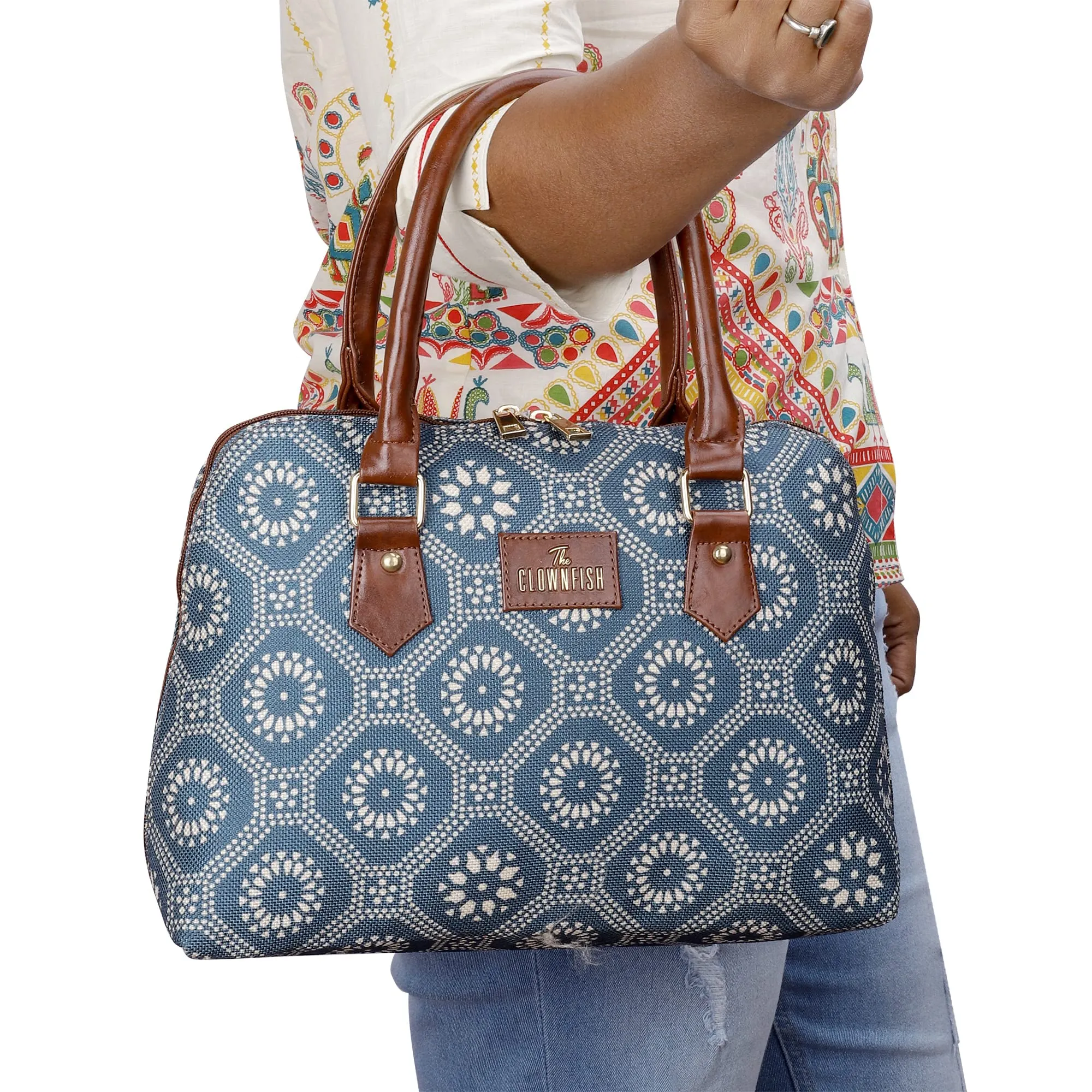 THE CLOWNFISH Montana Series Printed Handicraft Fabric & Faux leather Handbag for Women Office Bag Ladies Purse Shoulder Bag Tote For Women College Girls (Cerulean Blue)