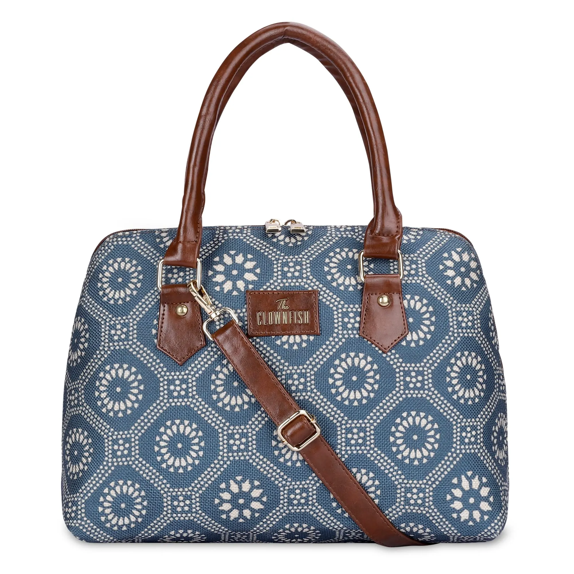 THE CLOWNFISH Montana Series Printed Handicraft Fabric & Faux leather Handbag for Women Office Bag Ladies Purse Shoulder Bag Tote For Women College Girls (Cerulean Blue)