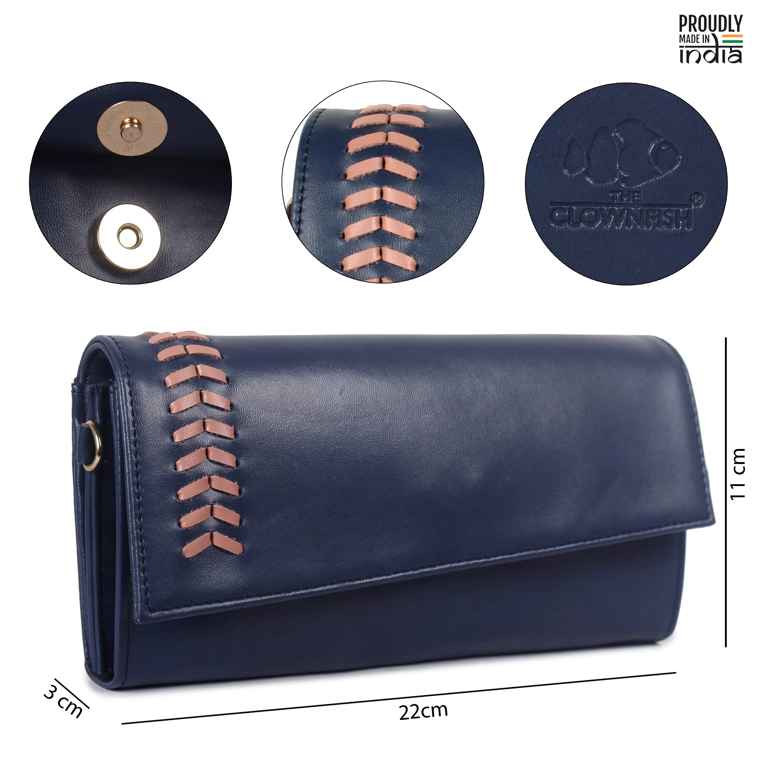 THE CLOWNFISH Myra Collection Womens Wallet Clutch Ladies Purse Sling Bag with Card slots (Navy Blue)