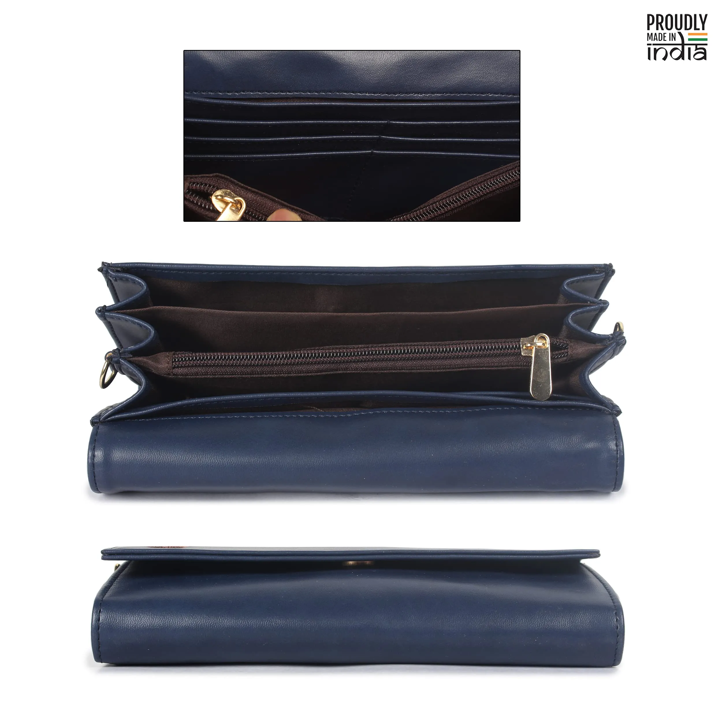 THE CLOWNFISH Myra Collection Womens Wallet Clutch Ladies Purse Sling Bag with Card slots (Navy Blue)