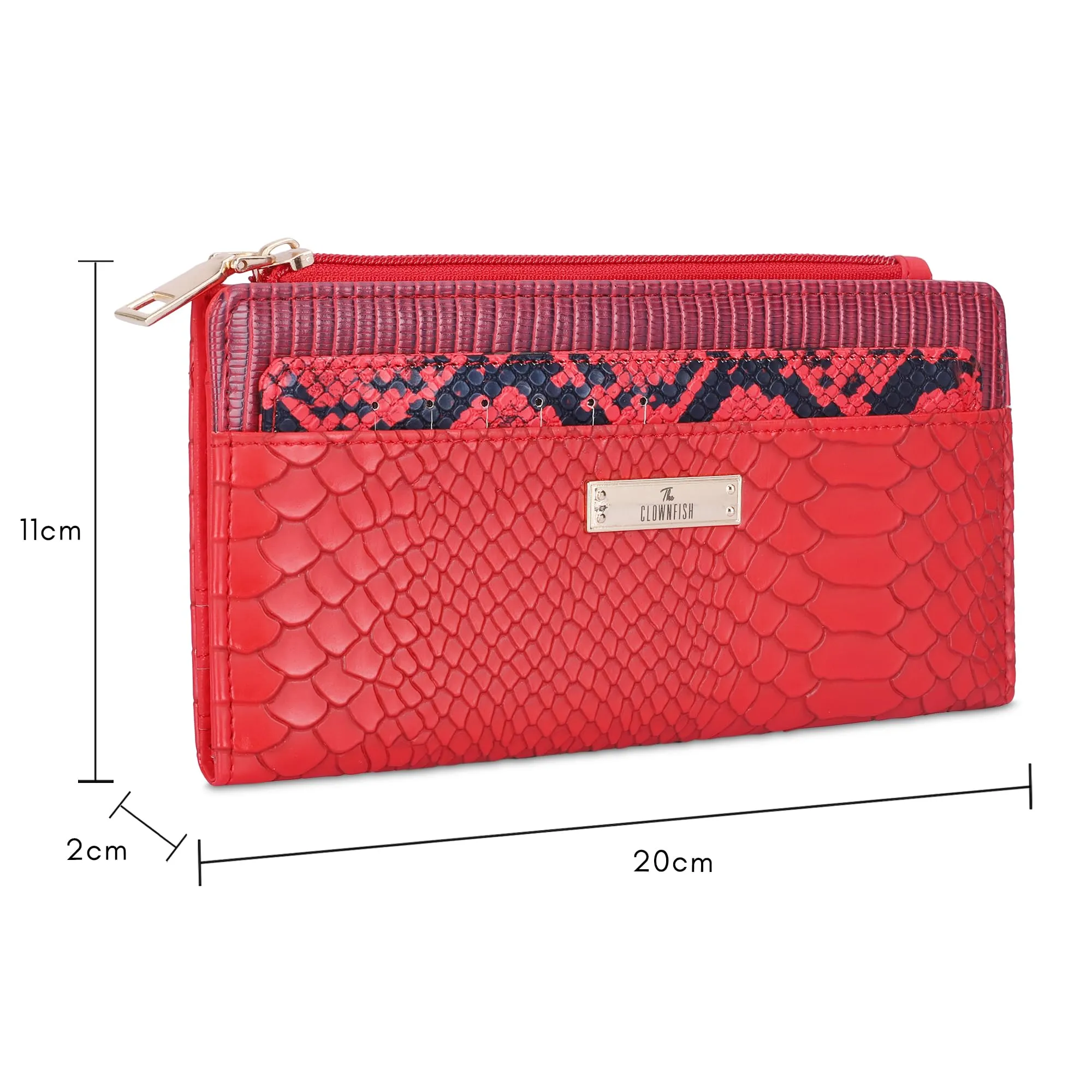 THE CLOWNFISH Prospera Collection Crocodile Finish Faux Leather Bi-Fold Womens Wallet Clutch Ladies Purse with Separate Multiple Cards Holder (Crimson Red)