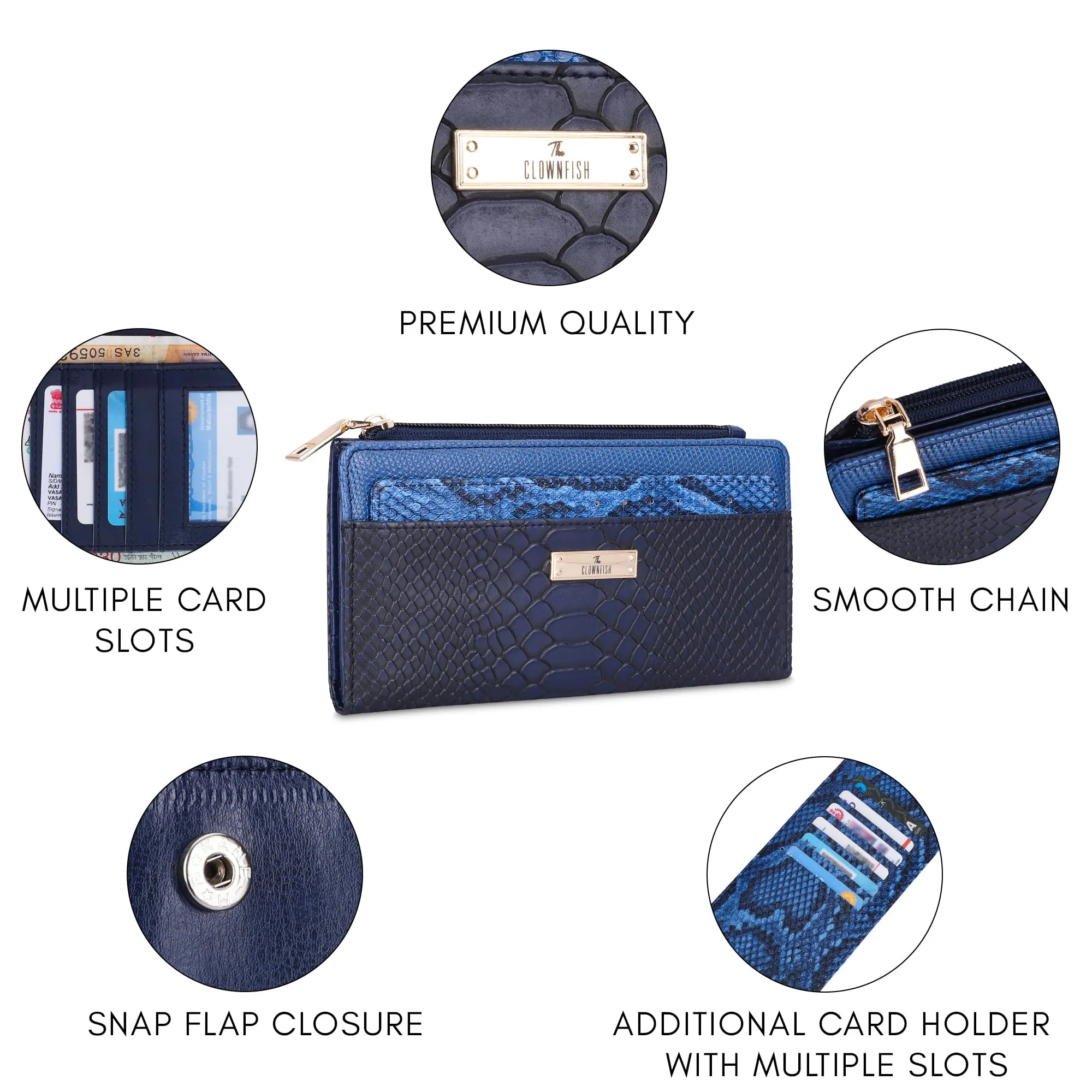 THE CLOWNFISH Prospera Collection Crocodile Finish Faux Leather Bi-Fold Womens Wallet Clutch Ladies Purse with Separate Multiple Cards Holder (Midnight Blue)