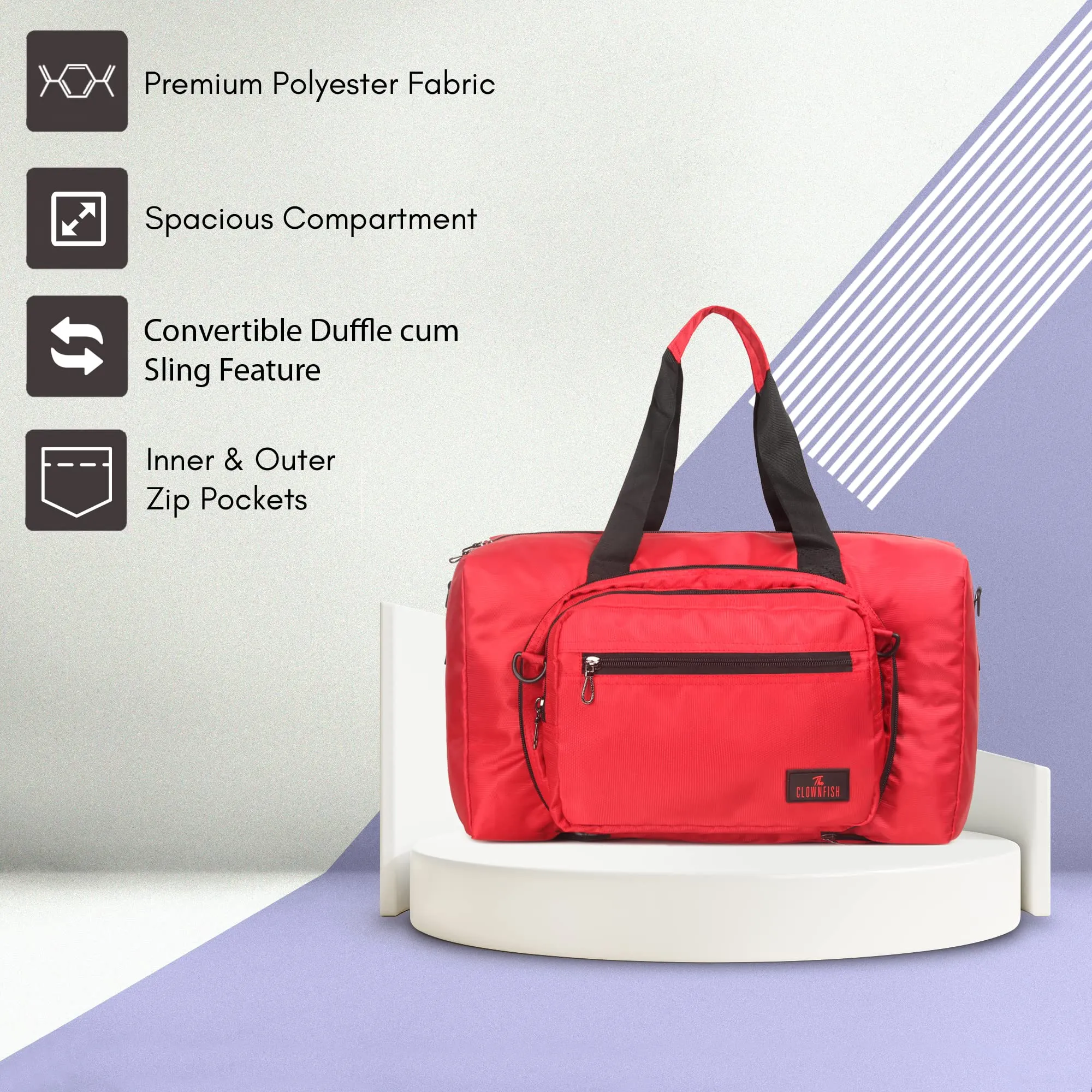 The Clownfish Rebecca Series 25 litres Polyester Convertible Travel Duffle Bag Weekender Bag Crossbody Sling Bag (Red)