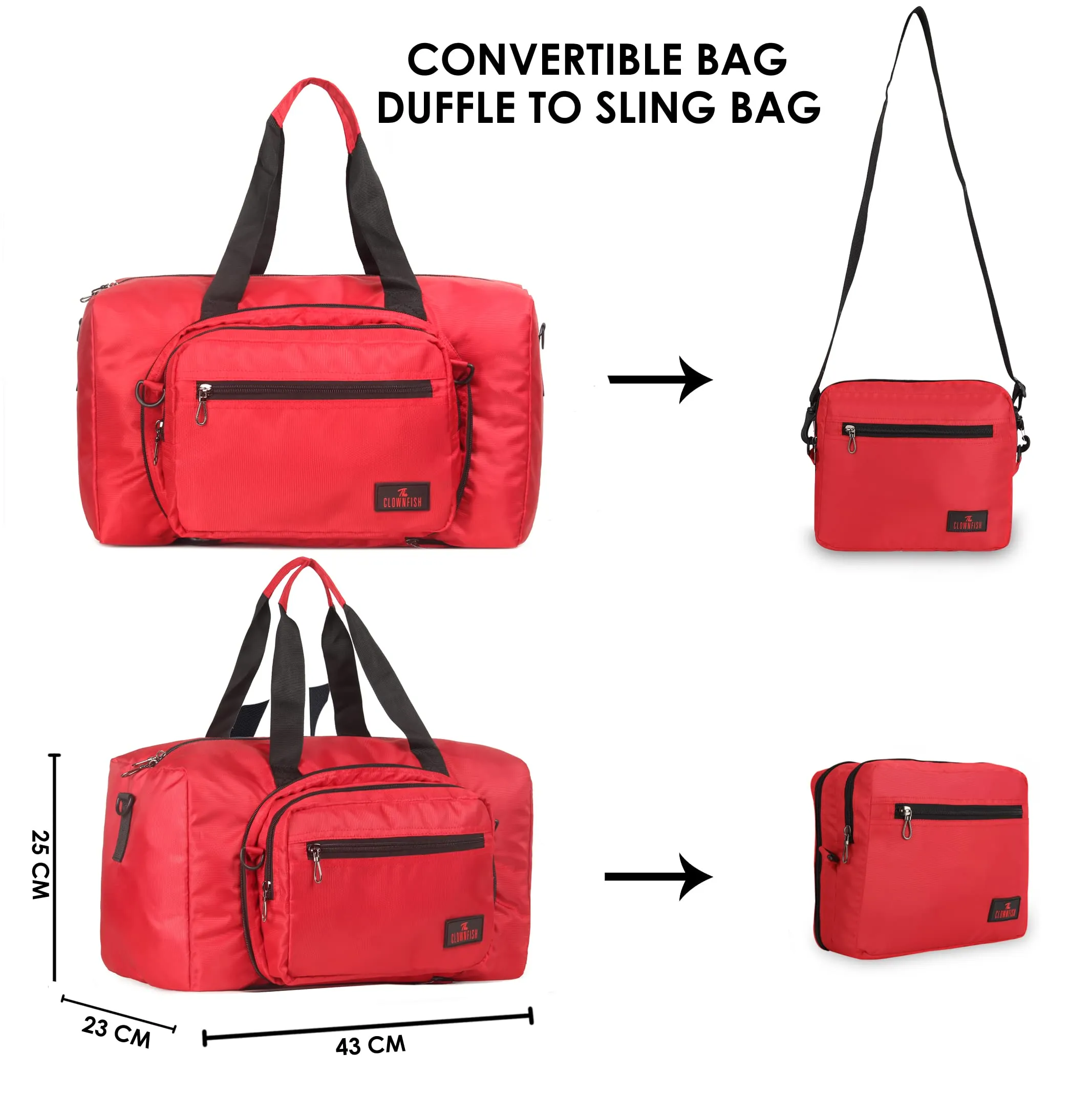 The Clownfish Rebecca Series 25 litres Polyester Convertible Travel Duffle Bag Weekender Bag Crossbody Sling Bag (Red)