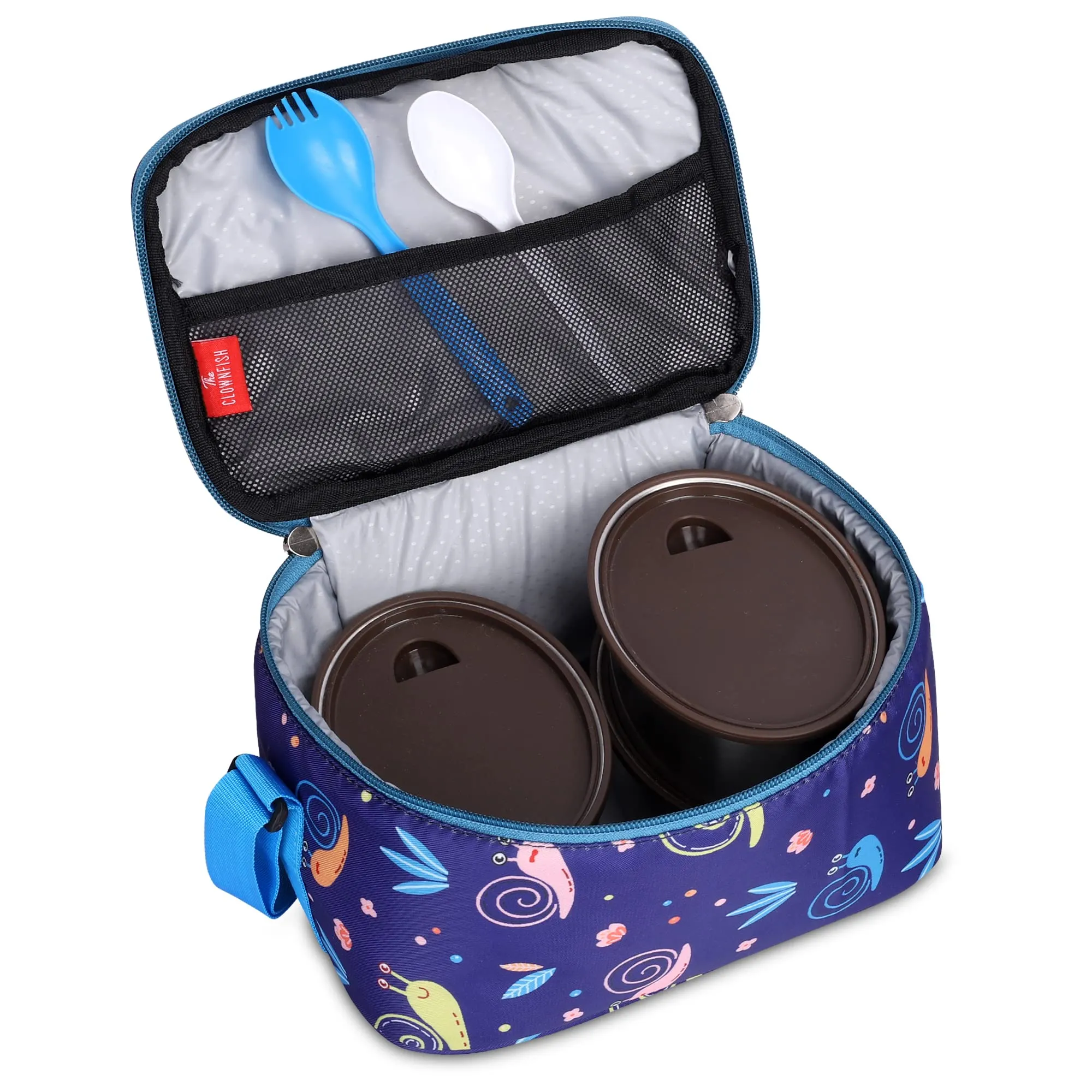 THE CLOWNFISH Snack Attack Series Polyester Printed Tiffin Carry Bag Lunch Bag Lunch Box Carrier Bag for School Picnic Travel Food Storage Bag (Navy Blue)