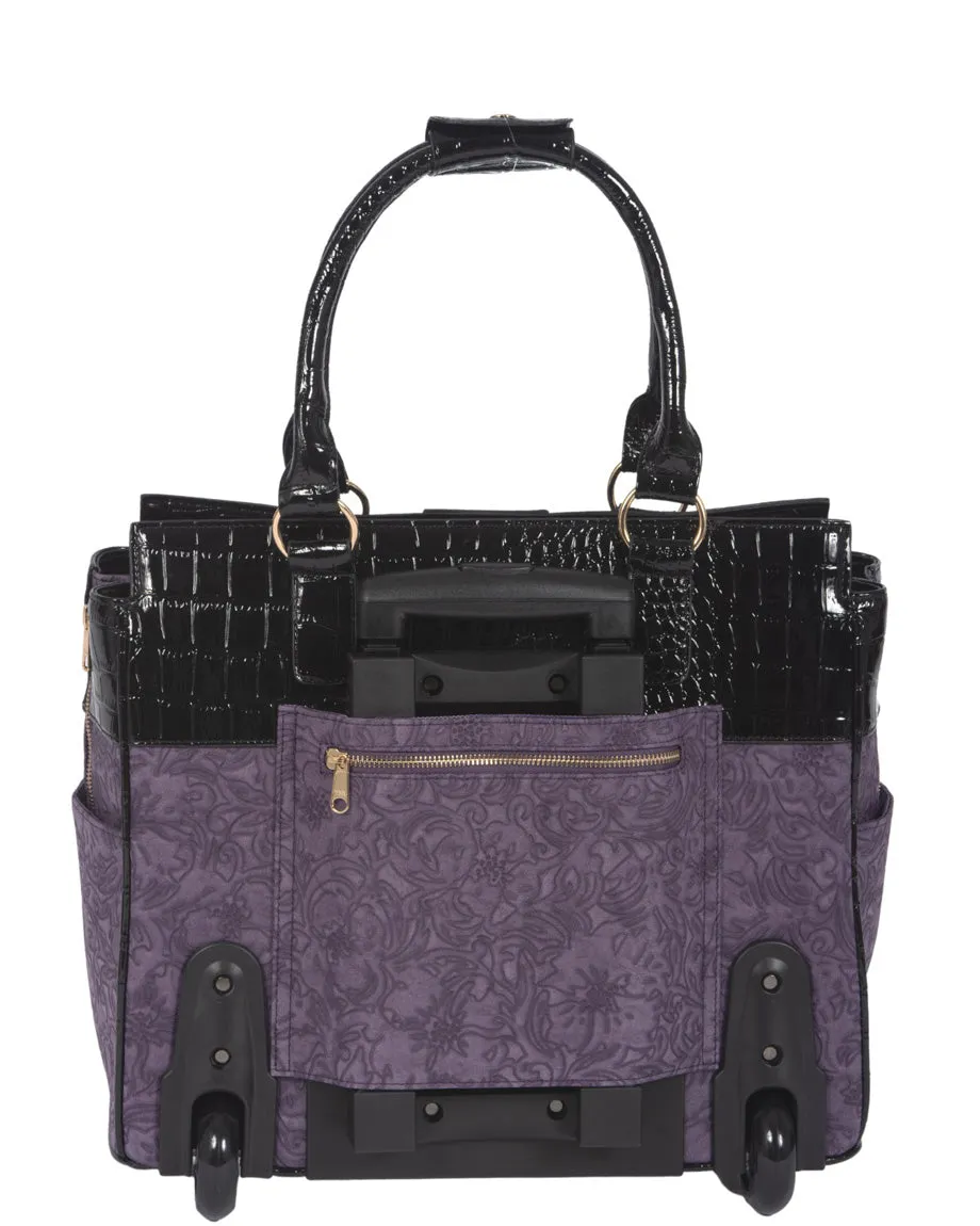 THE CONTESSA Purple & Alligator Rolling Laptop Carryall Trolley Bag