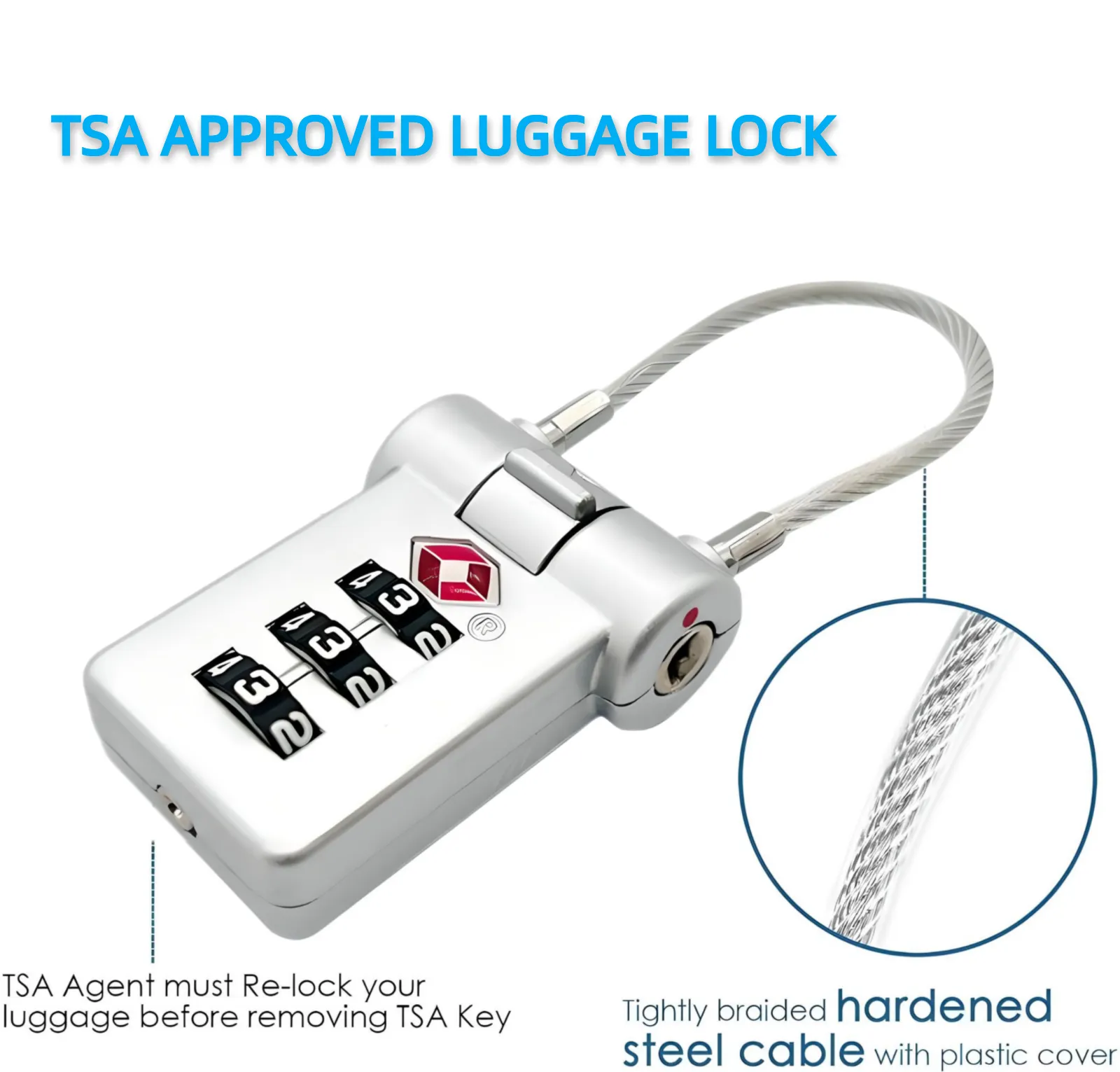 TSA Approved Luggage Locks, 2 Pack, 3-Digit Security Combination,Stainless Steel, Flexible Cable, Travel Accessories for Luggage Bag and Cases